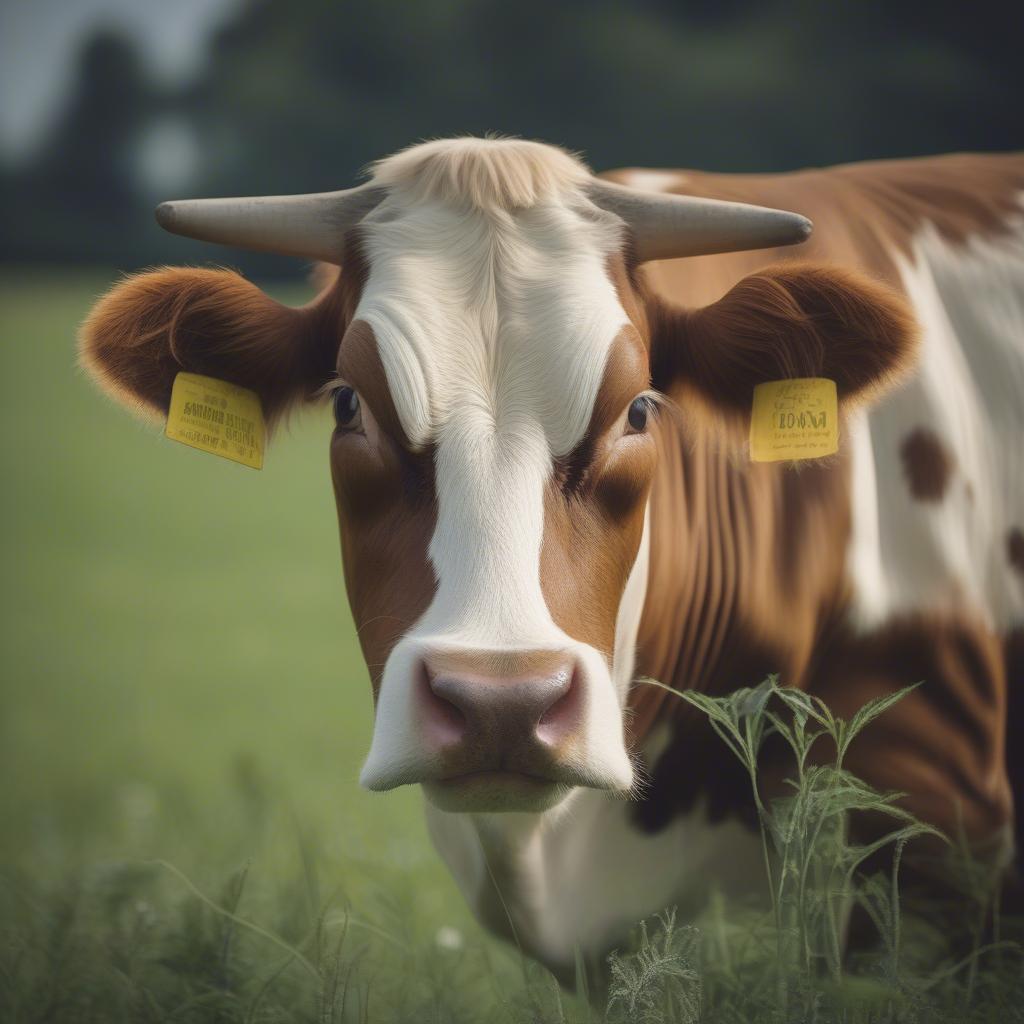 Dairy cow grazing in a green pasture