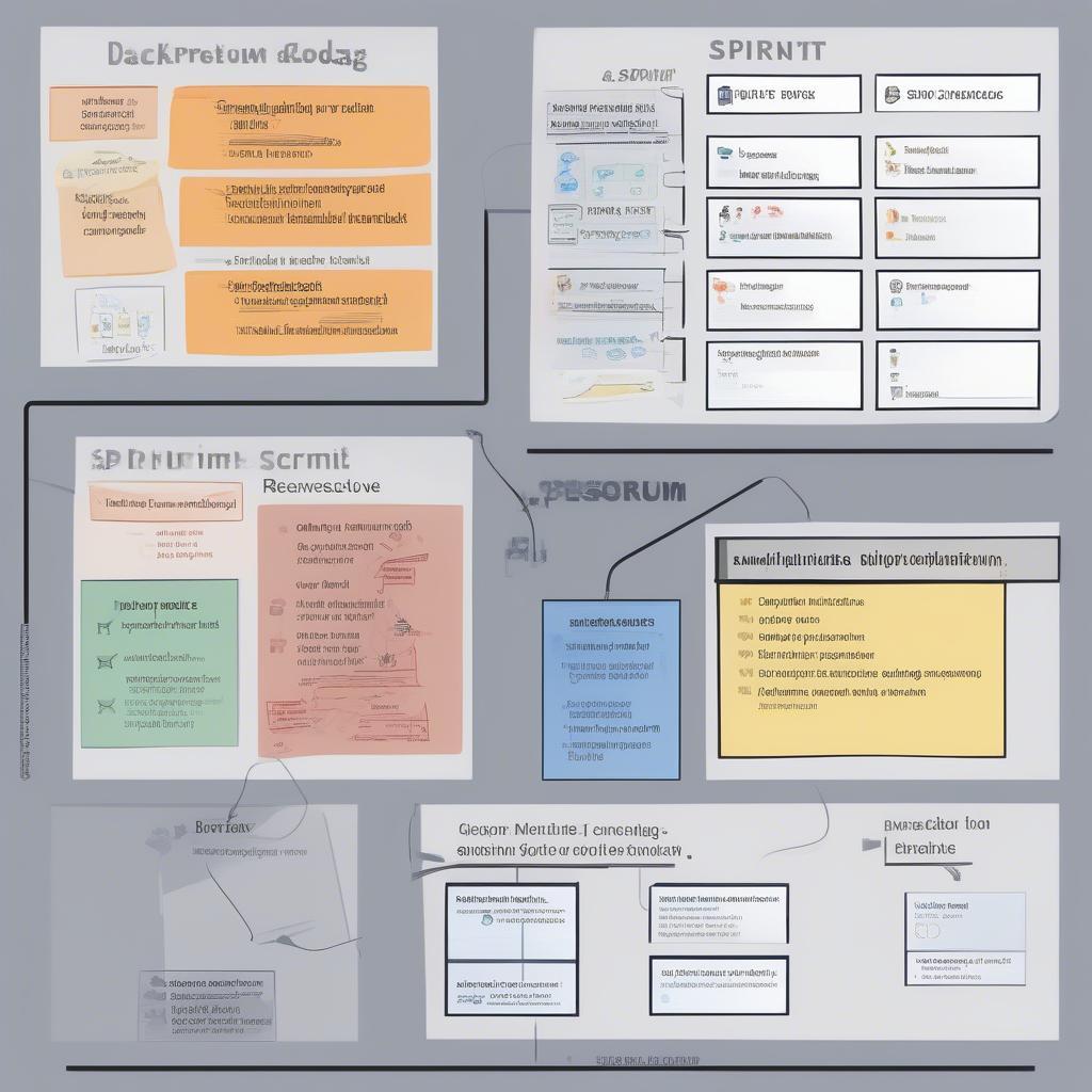 Các thành phần chính của Agile Scrum, bao gồm Product Backlog, Sprint Backlog, Sprint, Daily Scrum, Sprint Review, và Sprint Retrospective.