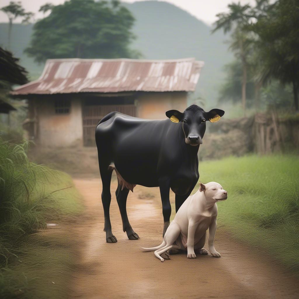 Hình ảnh con chó và con bò trong nông thôn Việt Nam