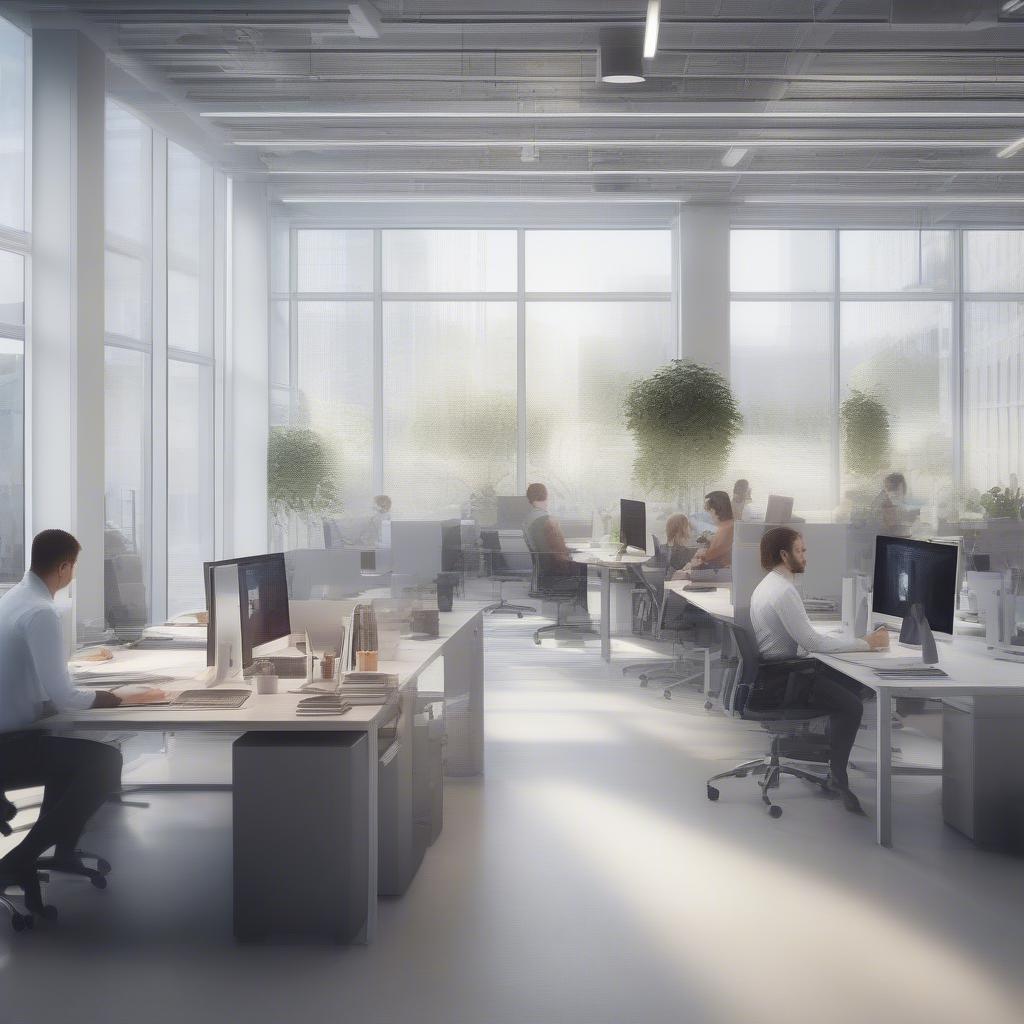 Modern office space with employees working on computers, symbolizing a company or corporation.