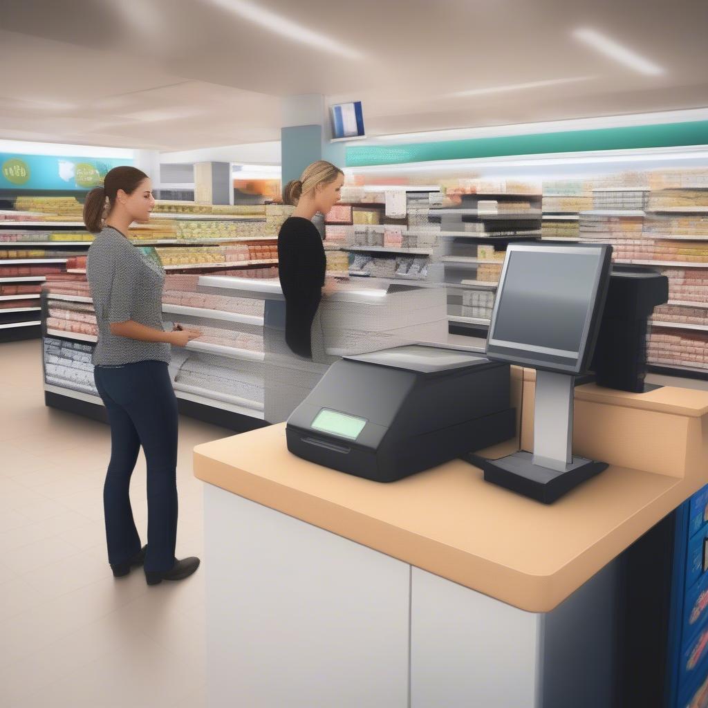 Modern supermarket checkout system with cashier and customer