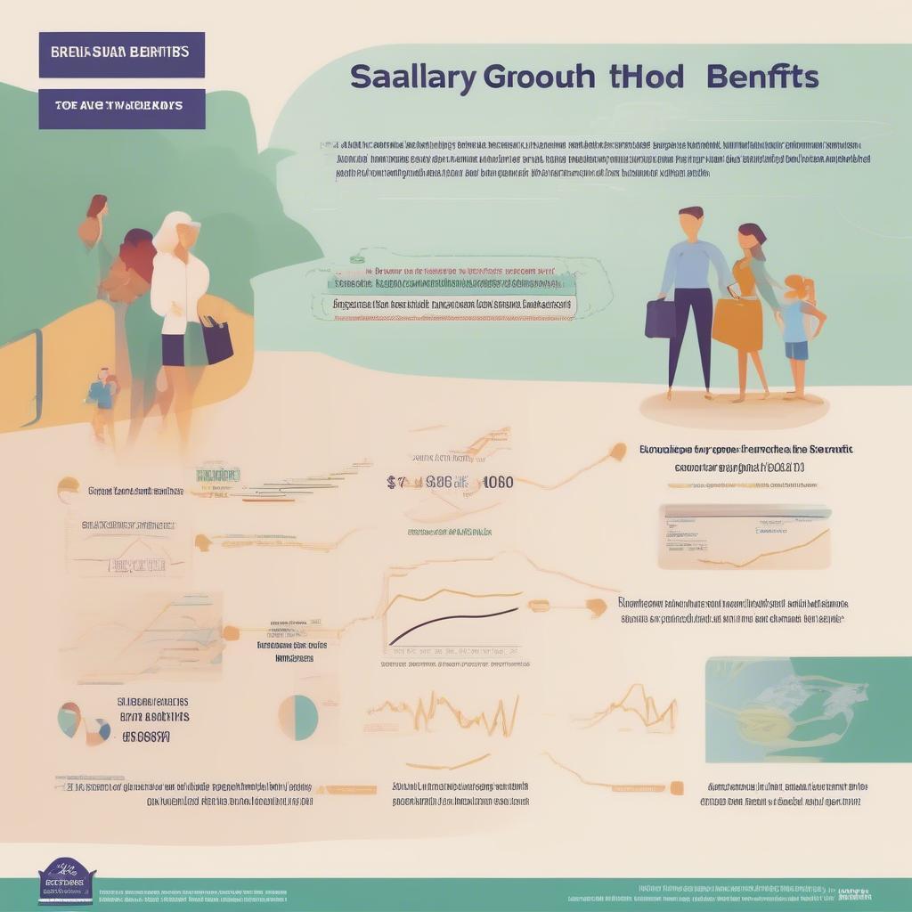 Mức lương và phúc lợi cạnh tranh: Hình ảnh minh họa biểu đồ tăng trưởng lương và các phúc lợi hấp dẫn như bảo hiểm sức khỏe, du lịch nghỉ mát.