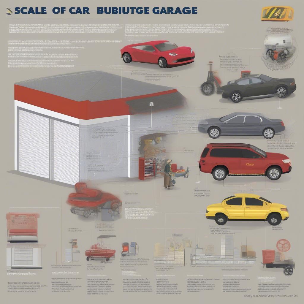 Phân tích quy mô gara: Biểu đồ thể hiện các yếu tố cấu thành quy mô của một gara ô tô, bao gồm diện tích, nhân sự, trang thiết bị và dịch vụ.